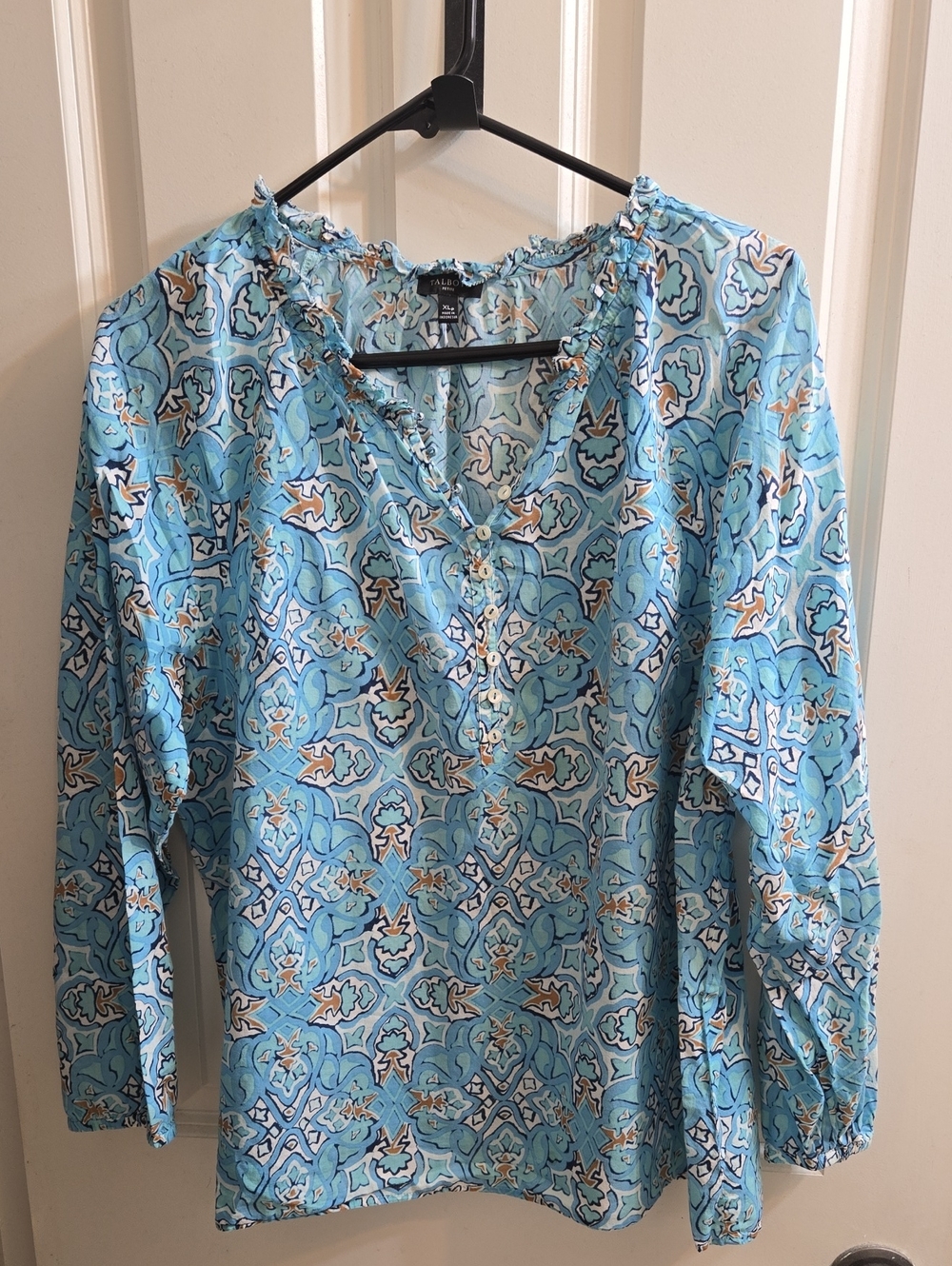 Talbots Blue Printed V-Neck Long-Sleeve Blouse